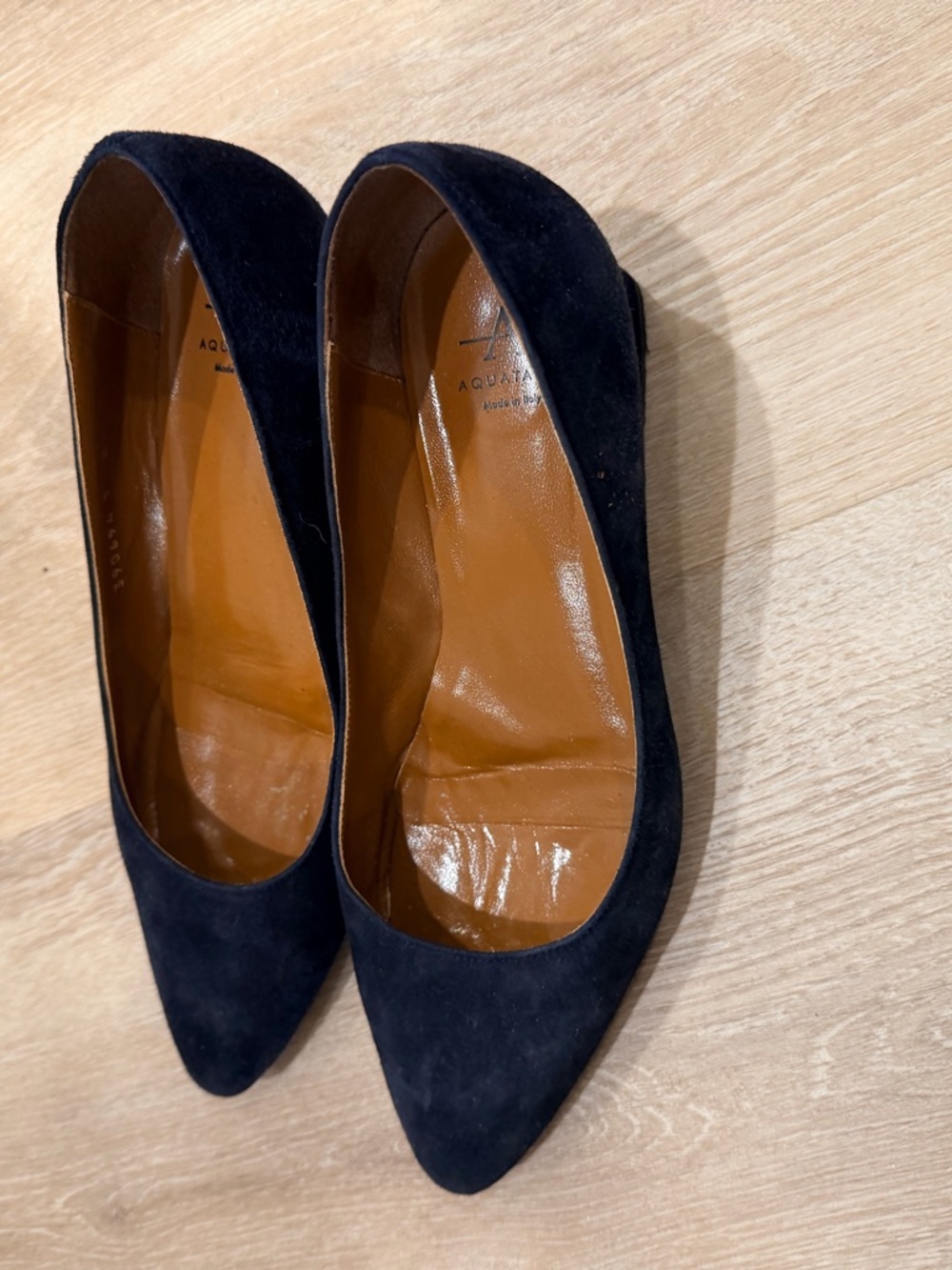 Aquatalia Navy Pointed Toe Suede Heels